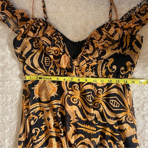 Akira Baroque Gold Black Plunging Neck Ruffled Maxi High Low Dress L Large - Picture 13 of 15